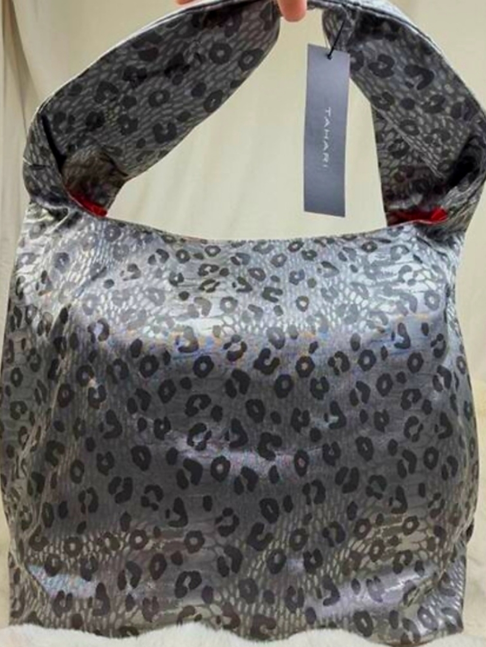 Tahari Whitney Hobo Bag Pewter Leopard Metallic Silver Animal Print Y2K Retro